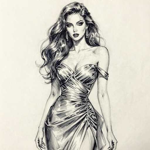 This is a detailed black and white pencil drawing of a woman with long, wavy hair that cascades down to her waist. She is depicted wearing a strapless, low-cut dress that appears shiny, possibly due to the use of pencil shading techniques. The dress features a unique design with straps that cross over her chest and wrap around her waist, adding a touch of elegance. Her arms are positioned at her sides, and she is adorned with long, dangly earrings that resemble teardrops or pearls. The woman's facial features include dark, defined eyebrows, eye shadow, and lipstick, giving her a striking appearance. The background is a light gray, almost white, which contrasts with the detailed shading of the woman, making her stand out prominently. The drawing captures her from the top of her head down to just above her knees, emphasizing her poised and glamorous stance.