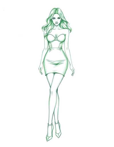 A green line drawing depicting a woman with long blonde hair and a strapless dress standing on one leg against a white background.