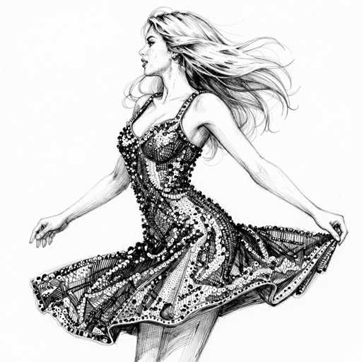 This black and white pencil drawing depicts a woman in a flapper-style dress, reminiscent of the 1920s. She stands with her back to the viewer, her head turned to the left, revealing her profile. Her long, wavy hair flows behind her, adding a sense of movement to the image. The dress, adorned with intricate patterns and beads, features a deep V-neckline and thin straps. The woman holds the skirt out to the sides with both hands, causing it to flare out dramatically. Her left hand appears slightly distorted, with one finger missing and another bent at an unnatural angle. The drawing captures her from just below the knees, leaving the rest of her legs unseen. The background is a stark white, emphasizing the detailed linework and shading of the flapper's figure.