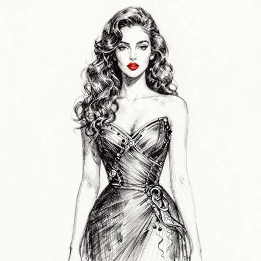 This image features a detailed black and white sketch of a woman, with the exception of her lips, which are strikingly red. The woman has long, wavy hair that cascades down to her chest, with a slight curl at the ends. She is dressed in a strapless dress that accentuates her figure, featuring a sweetheart neckline and a corset-like bodice. The dress is adorned with intricate details, including a ribbon tied at the waist and additional straps that crisscross over her chest. The woman's eyes are dark and expressive, and she gazes directly at the viewer. The background is a simple, light gray, which helps to emphasize the detailed features of the woman and her attire.