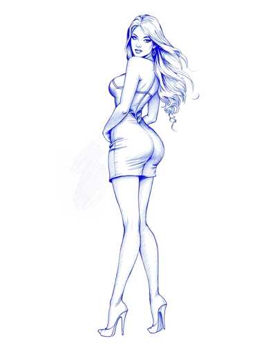 A blue-hued illustration of a woman with long blonde hair and a short dress is the central focus. The woman's legs are crossed at her ankles, and she stands confidently against a plain white background.