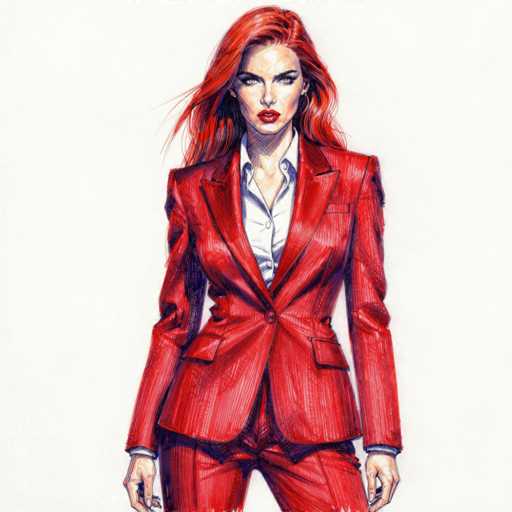 This image features a striking, AI-generated illustration of a woman with long, flowing red hair. She is dressed in a vibrant red suit paired with a crisp white shirt, exuding confidence and sophistication. The woman's intense gaze is directed straight at the viewer, creating a powerful and engaging visual impact. The overall composition is clean and minimalist, with the woman's bold appearance standing out against a plain background. The image captures a sense of modern elegance and digital artistry, showcasing the capabilities of AI in creating realistic yet stylized portraits.
