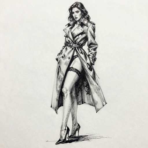 This black and white pencil sketch depicts a young woman, likely in her early 20s, with long, wavy hair cascading past her shoulders. She is dressed in a long trench coat that extends to her knees, cinched at the waist with a belt. The coat features large buttons and a wide collar. Her attire is provocative, revealing black garter stockings that accentuate her long legs, and she stands confidently in high-heeled shoes. The woman's pose is slightly angled, with her left leg bent and her right leg straight, her hands tucked into the pockets of her coat. She gazes directly at the viewer with a serious expression, her lips slightly parted. The background is a light gray, and the sketch includes a shadow beneath her feet, adding depth to the image.