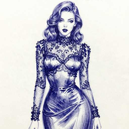 The image is a detailed, black-and-white pen and ink drawing of a woman in a corset-style dress. The dress features intricate lace sleeves, a high lace collar, and a lace bodice that extends down to her waist. The corset itself is made of shiny satin material, adding a touch of elegance to the outfit. The woman has long, wavy hair that cascades down to her shoulders, and she is adorned with dark lipstick and eye makeup. Her expression is serious, and she gazes directly at the viewer. The background is a light gray, providing a subtle contrast to the detailed and ornate attire of the woman.