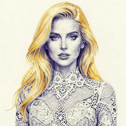 This detailed illustration depicts a woman with long, wavy blonde hair that cascades down to her chest. Her hair is parted in the middle, with strands flowing over her shoulders and framing her face. The woman has a light complexion and is adorned with subtle makeup, including mascara and lipstick. She is dressed in a white, lacy top that features intricate patterns and a high collar, extending up to her neck. The top has a V-neck design, revealing a hint of cleavage. The background of the image is a light beige color, providing a soft contrast to the detailed and lifelike rendering of the woman.