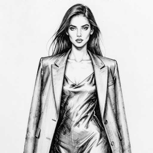 This black and white pencil sketch depicts a young woman with long, dark hair that cascades down to her waist, partially covering her shoulders. She is dressed in a shiny, low-cut dress that appears to be made of silk, with a V-neckline revealing some cleavage. Over the dress, she wears a light-colored, unbuttoned blazer with large lapels and buttons on the sleeves, which are slightly open. The woman has a serious expression, with her eyes looking directly at the viewer, and her lips are closed. The background is a light gray, providing a stark contrast to the detailed shading of her figure. The sketch captures her from the top of her head down to just below her hips, emphasizing her poised and elegant appearance.