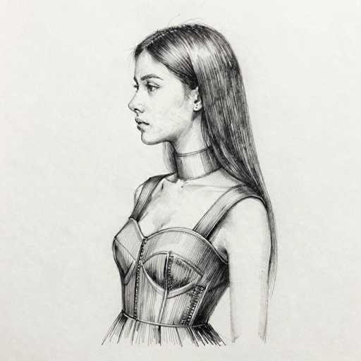 This detailed black and white pencil drawing depicts a young woman, likely in her late teens or early twenties, with long, straight hair that cascades down her back. She is portrayed in a side profile, facing left, with her head slightly tilted downward, giving her a contemplative expression. Her hair is parted in the middle, with a few strands falling over her forehead. She has a small nose, full lips, and a single earring in her left ear. 

The woman is wearing a corset-like top with thin straps over her shoulders and a zipper running down the front. The top is low-cut, revealing some cleavage, and the fabric appears to be gathered at the waist, suggesting a skirt that extends beyond the frame. Around her neck, she wears a thick choker that adds to her gothic-inspired look. The background is a light gray, enhancing the contrast and focus on the detailed rendering of the woman.