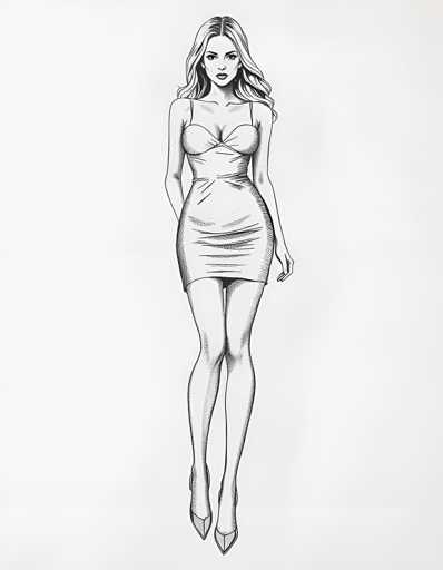 A black and white line drawing depicting a woman wearing a short dress with her left hand resting on her hip and her right hand lightly touching the ground. The background is plain white, which contrasts with the dark lines of the woman's dress and skirt.