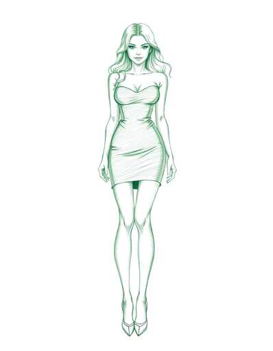 A green line drawing depicting a woman wearing a short dress and high heels standing on one leg with her arms crossed over her chest against a white background.