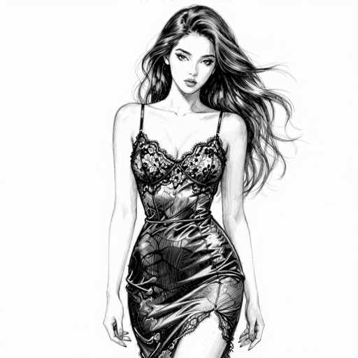 This black and white pencil drawing depicts a young woman with long, flowing hair that cascades down to her waist. She is dressed in a provocative, low-cut dress that accentuates her figure. The dress features thin straps over her shoulders and a high slit on the left side, revealing her leg. The fabric appears to be shiny, possibly suggesting a satin or silk material. The woman's facial features are distinct, with large eyes, a small nose, and full lips. Her arms hang naturally at her sides, and her hair is parted in the middle, framing her face. The overall composition of the drawing emphasizes the contrast between the dark pencil lines and the white background, highlighting the intricate details of her attire and appearance.
