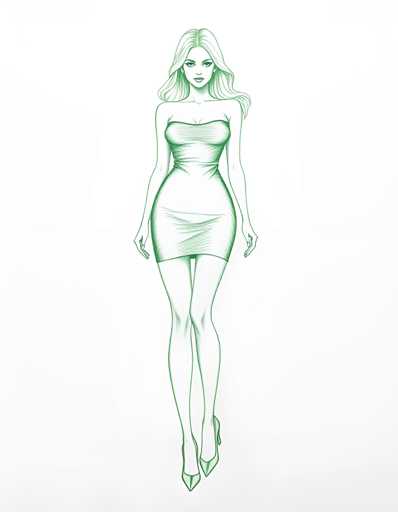 A green line drawing of a woman wearing a strapless dress and high heels against a white background.
