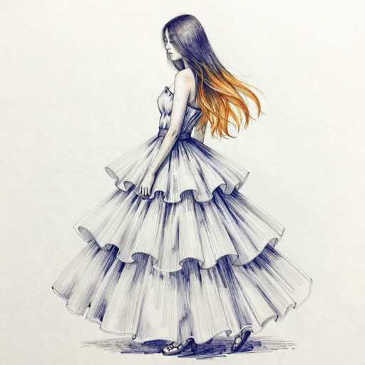 This detailed illustration depicts a young woman, possibly of Asian descent, standing in a side profile with her head turned to the left. She has long, flowing hair that transitions from dark blue at the top to a lighter blue and finally to a golden yellow at the ends. Her hair cascades down her back, reaching the middle of her back. She is dressed in a flowing, strapless gown that flares out dramatically at the bottom, resembling a ball gown. The dress is primarily white with intricate blue and black lines that add texture and depth to the fabric. A thin belt cinches her waist, accentuating the dress's voluminous skirt. She is wearing black high heels, and her feet are positioned on a dark blue shadow that grounds her figure. The background of the image is a light gray, providing a subtle contrast to the detailed and vibrant elements of the woman's attire and hair.
