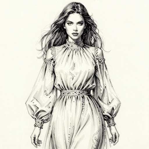 This detailed black and white pencil drawing depicts a young woman, likely in her late teens or early twenties, with long, wavy hair that cascades down to her waist. She is dressed in an elaborate, old-fashioned gown reminiscent of the Victorian era. The dress features a high collar that extends up to her neck, and its sleeves are loose and flowing, extending down to her wrists. The gown is cinched at the waist with a belt, and it appears to be made of a sheer, gauzy material, adding to its ethereal quality. The woman's expression is serious, with her eyes gazing directly at the viewer, and her lips are slightly parted. The background is a light gray, providing a subtle contrast to the intricate details of her attire and features.