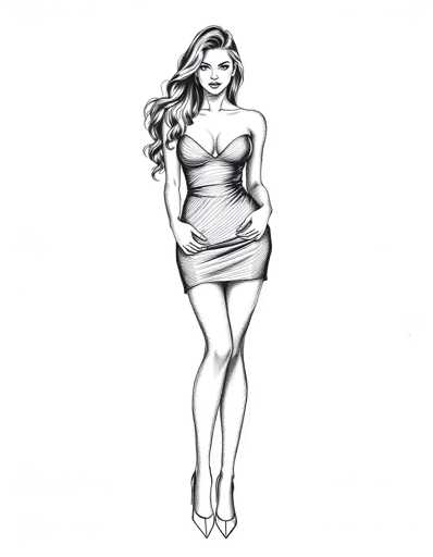 A black and white line drawing depicting a woman with long hair wearing a strapless dress and high heels. The woman is standing on one leg with her arms crossed over her chest, facing the viewer directly.