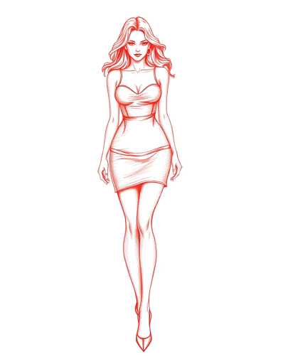 A sketch of a woman wearing a short dress and high heels against a white background.