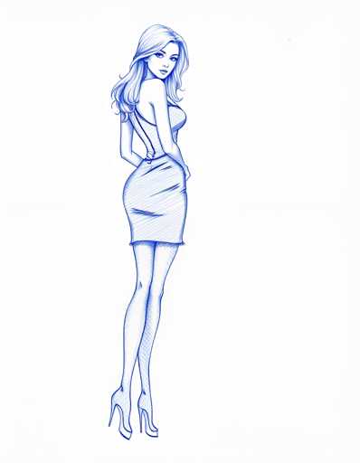 A woman is depicted wearing a blue dress and high heels against a white background. The image does not contain any text or other objects.