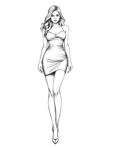 A black and white line drawing depicting a woman wearing a short dress with her left hand resting on her hip and her right hand lightly touching the ground. The woman is standing against a plain white background, which contrasts with her dark hair and skin tone.