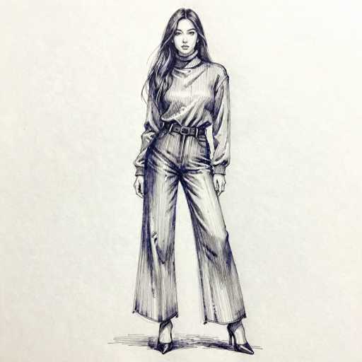 This detailed black and white sketch, likely created with pen or pencil, depicts a young woman standing against a plain white background. She has long, wavy hair that cascades down to her chest, with a middle part and bangs framing her face. Her expression is neutral, with her eyes looking straight ahead. She is dressed in a long-sleeved turtleneck sweater that appears slightly baggy, tucked into high-waisted pants that flare out at the bottom, resembling bell-bottoms. The pants are detailed with vertical lines and feature pockets on the sides. A belt with a prominent buckle cinches her waist. She is wearing pointed high heels, and her hands rest naturally at her sides. The sketch includes subtle shadowing beneath her feet, adding depth to the otherwise minimalistic composition.