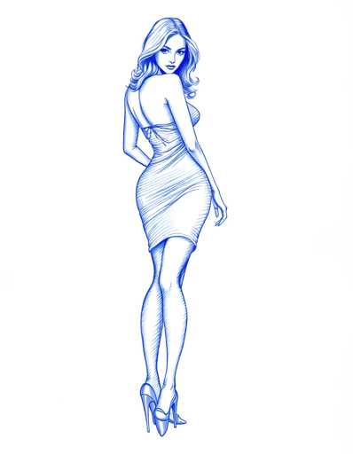 A woman is depicted wearing a blue dress and high heels against a white background. The image does not contain any text or other objects, focusing solely on the woman's attire and posture.