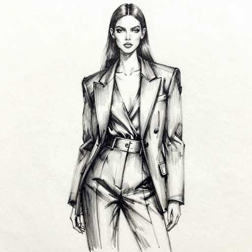 This detailed black and white pencil sketch depicts a young woman, likely in her early 20s, with long, straight hair parted in the middle and cascading down her back. She has a slender build and is dressed in a sharp, tailored business suit. The suit features a low-cut, V-neck blazer that is unbuttoned, revealing a hint of cleavage. Her matching pants are slightly wrinkled at the knees, adding a touch of realism to the sketch. A belt cinches her waist, accentuating her figure. The woman's facial features include a long, thin nose, full lips, and a neutral expression as she gazes directly at the viewer. The background is a light gray, providing a stark contrast to the detailed black and white drawing.