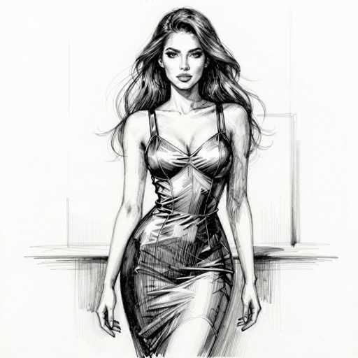 This black and white pencil drawing depicts a young woman, likely in her early 20s, with long, wavy hair cascading past her shoulders. She has a slender build with a pronounced bust and a curvaceous figure. The woman is wearing a tight, sleeveless dress that appears to be made of leather or plastic, featuring thin straps over her shoulders and a high slit that reveals her upper thigh. The dress is form-fitting, accentuating her waist and hips. She stands with her hands at her sides, looking directly at the viewer with a serious expression. The background is minimalistic, with a white wall and a shelf or ledge behind her, emphasizing her as the focal point of the artwork.