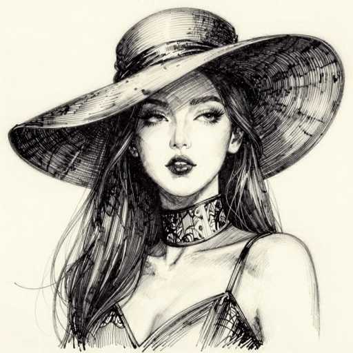 This black and white pencil drawing depicts a young woman with long, dark hair cascading down to her chest. She is adorned in a stylish, vintage-inspired outfit that exudes elegance and sophistication. Her attire includes a wide-brimmed straw hat, reminiscent of a 1920s flapper style, and a choker necklace that adds a touch of allure to her ensemble. The woman's expression is neutral, with her gaze directed slightly to the left, giving her a contemplative air. The intricate details in the drawing, from the texture of her hair to the delicate patterns on her hat and necklace, showcase the artist's skill in capturing the essence of a bygone era. The overall composition creates a striking contrast against the light background, emphasizing the woman's poised and graceful presence.