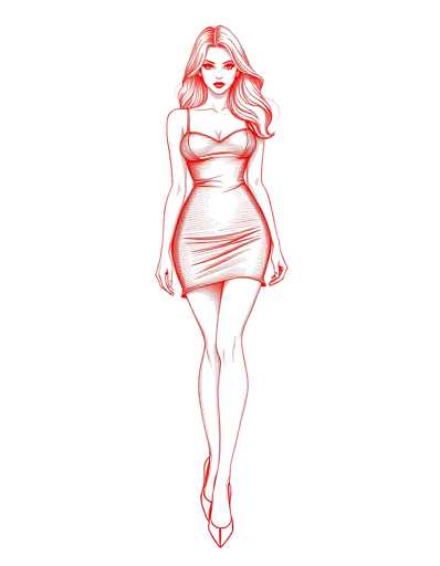 A sketch of a woman wearing a red dress and high heels against a white background.