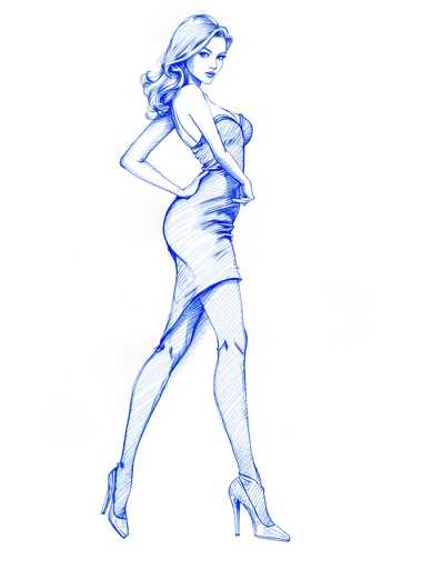 A woman is depicted wearing a blue dress and high heels against a white background. The image does not contain any text or other objects, focusing solely on the woman's attire and posture.