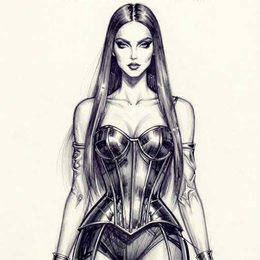 This detailed black and white pencil drawing depicts a slender woman with long, straight hair parted in the middle, cascading down to her waist. She is adorned in a revealing corset that accentuates her cleavage and highlights her slender figure. The corset, which features a V-shaped design at the bottom, extends into garter-like straps that run down to her thighs. Her arms are wrapped in garter-like bands, adding to the intricate detailing of her attire. The woman's face is characterized by a sharp jawline, high cheekbones, and heavy eye makeup, giving her a striking, almost ethereal appearance. She gazes off to the left, her expression serene and contemplative. The background is a light gray, providing a stark contrast to the detailed black and white sketch, which captures the essence of a comic book or graphic novel character.