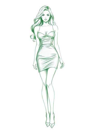 A green line drawing depicting a woman with long blonde hair and a strapless dress standing on one leg against a white background.