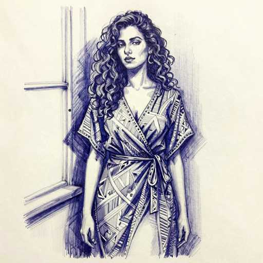This detailed black and white sketch, likely created with pen or pencil, depicts a woman standing in front of a window. The woman, who appears to be of Middle Eastern or possibly Hispanic descent, has long, curly hair that cascades down to her chest. She is adorned with large hoop earrings and is dressed in a wraparound dress that features intricate geometric patterns, including triangles and lines. The dress is tied at the waist, accentuating her slender figure. Her facial features include a full nose, full lips, and dark eyebrows, and she gazes directly at the viewer with a neutral expression. The background is minimalistic, with the window's frame and sill clearly visible, casting subtle shadows that add depth to the composition. The overall style of the drawing is realistic, capturing fine details and textures.