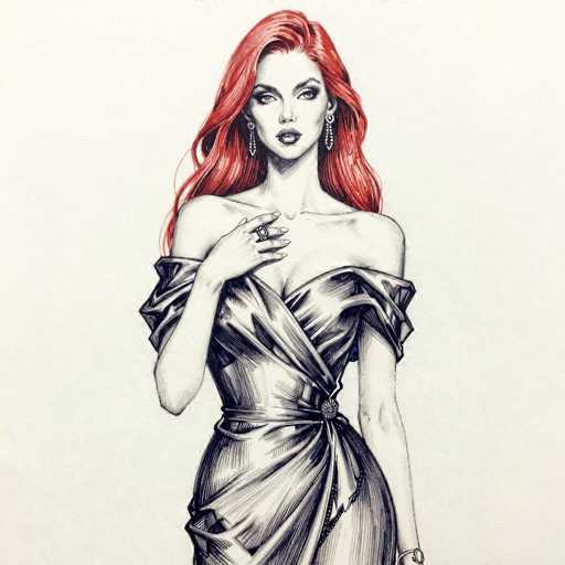 This image features a detailed, hand-drawn illustration of a woman with long, flowing red hair that cascades down to her waist. She is depicted wearing a sleek, black dress that is low-cut and off-the-shoulder, accentuating her elegant figure. The dress is adorned with a prominent flower-shaped belt at the waist, adding a touch of sophistication to her attire. Her right arm is bent at the elbow, with her hand resting on her chest, showcasing a large, ornate ring on her ring finger. She accessorizes with long, dangling earrings that feature multiple layers of pearls, adding a touch of glamour to her look. The woman's facial features are striking, with dark, defined eyebrows, heavy eye makeup, and full lips, giving her a bold and captivating appearance. The background of the image is a light gray, which contrasts subtly with the white paper it appears to be drawn on, enhancing the overall focus on the woman.