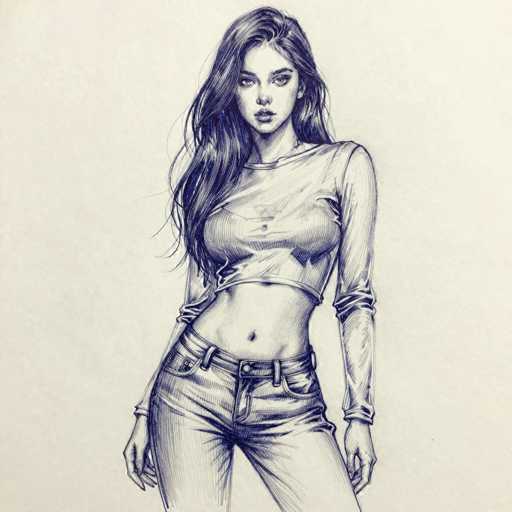 This detailed black and white pencil drawing depicts a young woman, likely in her late teens or early twenties, with long, wavy hair cascading past her shoulders. She is dressed in a cropped, long-sleeved shirt that reveals her midriff, paired with low-rise jeans that accentuate her figure. The woman's expression is serious, and she gazes directly at the viewer with large, dark eyes. Her hands rest by her sides, and the drawing captures her from just above the knees, leaving the lower part of her legs out of the frame. The background is a light gray, providing a subtle contrast to the intricate details of her attire and features.