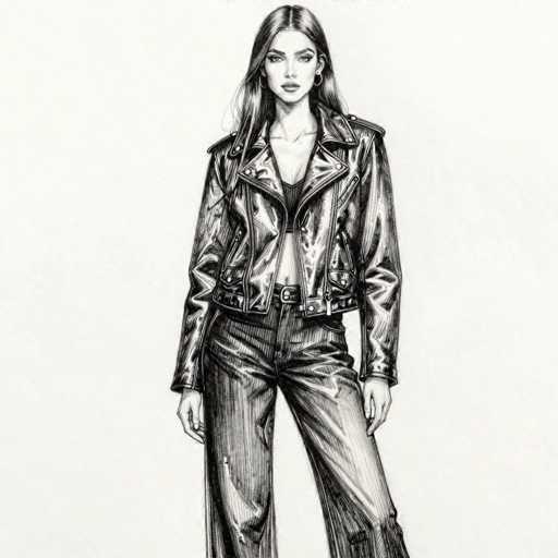 This detailed black and white pencil drawing depicts a young woman, likely in her late teens or early twenties, with long, straight hair parted in the middle and cascading down to her waist. She is dressed in a striking outfit that includes a black leather jacket adorned with multiple zippers, a black tank top, and matching black leather pants. Her accessories include hoop earrings, and she has a belt with a prominent buckle. The woman stands with her legs slightly apart, gazing directly at the viewer with a serious expression. The background is a light gray, providing a stark contrast to her dark attire. The drawing captures her from the top of her head down to her knees, emphasizing her poised and confident stance.