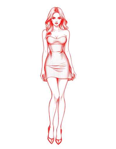 A woman is depicted wearing a strapless dress and high heels against a white background. The image does not contain any text or other objects.