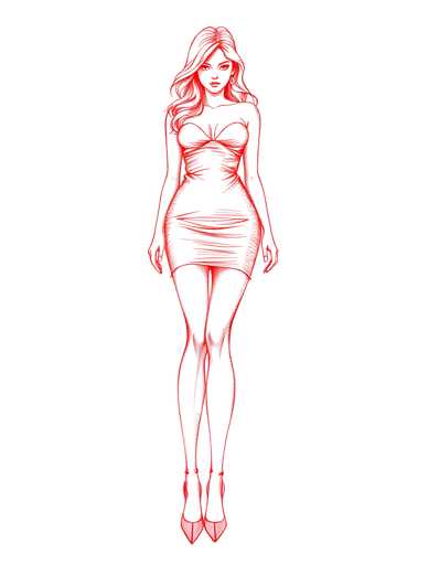 A sketch of a woman wearing a red dress and high heels against a white background.