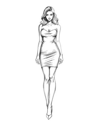 A black and white line drawing depicting a woman wearing a strapless dress with her left hand resting on her hip and her right hand lightly touching the ground. The woman is standing against a plain gray background, which contrasts with her attire.