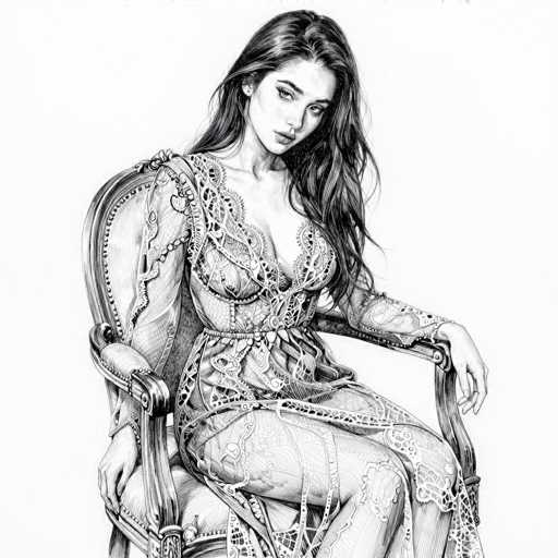 This black and white pencil drawing depicts a young woman, likely in her late teens or early twenties, seated in a chair. The artwork is rendered entirely in shades of gray, creating a monochromatic aesthetic. The woman has long, dark hair that cascades down to her waist, partially obscuring her face. She is dressed in a lacy, low-cut dress that appears to be made of a sheer material, adding a delicate and ethereal quality to her appearance. Her expression is neutral, and she gazes directly at the viewer. The chair she sits on is ornate, with a high back and intricate detailing, complementing the overall elegance of the scene. The drawing captures a moment of serene stillness, with the woman's poised demeanor and the detailed rendering of her attire and surroundings.