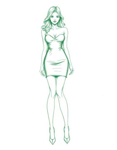 A green line drawing of a woman wearing a strapless dress and high heels against a white background.