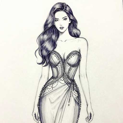 This image is a detailed black and white pencil drawing of a young woman, likely in her early 20s, with long, wavy hair cascading down to her waist. She has a slender build and is depicted wearing an elaborate, low-cut dress that appears to be made of beads and sequins. The dress features intricate patterns and is form-fitting, accentuating her figure. It has a unique design with a sash that wraps around her waist and extends to the side, resembling a corset. The woman is looking directly at the viewer with a neutral expression, her lips slightly parted. The background is a light gray, and the drawing is entirely monochromatic, emphasizing the textures and details of her hair and dress.