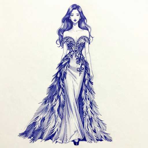 This image features a detailed pen and ink drawing of a young woman, likely in her late teens or early twenties, with long, wavy hair that cascades past her shoulders. She is depicted wearing an elaborate, strapless gown that combines elements of a corset and a ball gown. The dress is adorned with intricate floral patterns and beading, particularly around the bust and neckline. The gown's skirt is full and flowing, with a train that fans out dramatically, embellished with large feathers or plumes that extend from her hips to the floor. The woman's expression is serious, and she gazes directly at the viewer. She is wearing dark lipstick and high heels, adding to her elegant appearance. The entire drawing is rendered in shades of blue and white, with the background being a light gray or off-white, enhancing the contrast and focus on the figure.