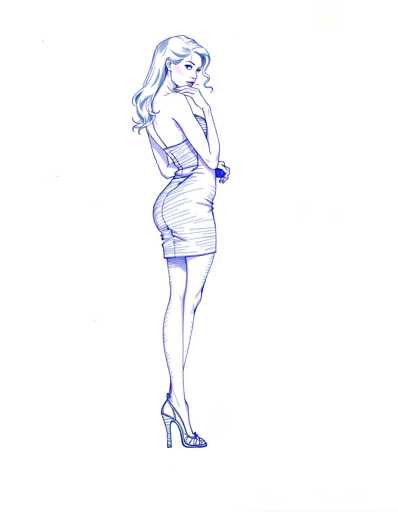 A woman is depicted wearing a blue dress and high heels against a white background. The image does not contain any text or other objects.