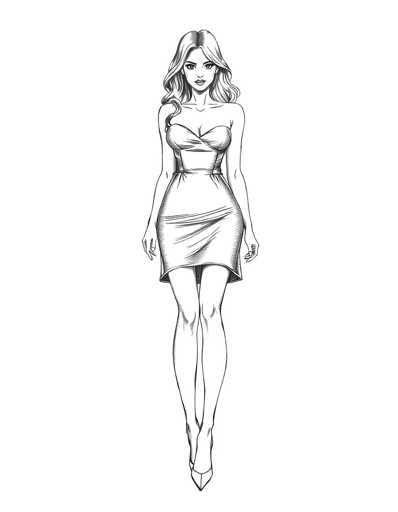 A black and white line drawing depicting a woman standing with her hands at her sides, wearing a strapless dress and heels.