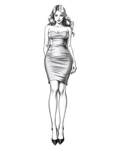 A black and white line drawing depicting a woman wearing a strapless dress with a high neckline and thin straps. The woman is standing on one leg with her arms crossed over her chest, facing to the right side of the image.