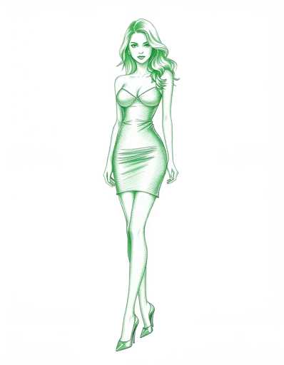 A green line drawing of a woman wearing a green dress and heels against a white background.