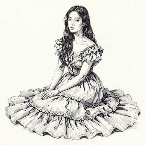 This black and white illustration features a young woman, possibly of Asian descent, seated in a side profile facing left. She has long, dark hair that cascades down to her waist, with a middle part. Her facial features include dark eyes, a small nose, and full lips. She is adorned in a Victorian-style dress with intricate details. The dress has a low-cut neckline, puffy sleeves that extend to her elbows, and a voluminous skirt that flares out dramatically, resembling a hoop skirt. The skirt is decorated with lace trim and has a ruffled design, adding to its elaborate appearance. The woman's hands are resting on her lap, and she is looking directly at the viewer. The background is a light gray, providing a subtle contrast to the detailed black and white drawing.