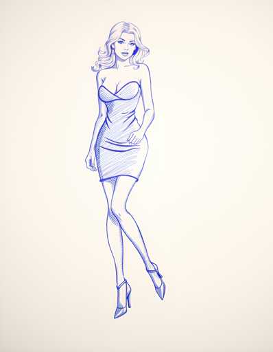 A woman is depicted wearing a blue dress and high heels against a light beige background. The image does not contain any text or other objects.