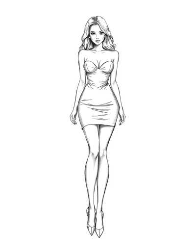 A black and white line drawing depicting a woman with blonde hair wearing a strapless dress and high heels. The woman is standing on one leg with her arms crossed over her chest, facing to the right side of the image.