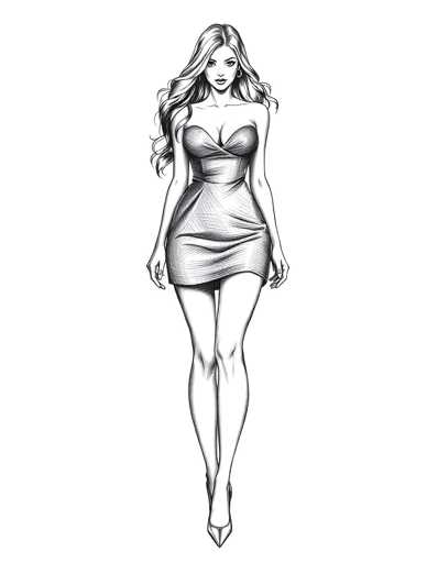 A black and white line drawing depicting a woman with long blonde hair wearing a strapless dress and high heels. The woman is standing on one leg with her arms crossed over her chest, facing to the right side of the image.