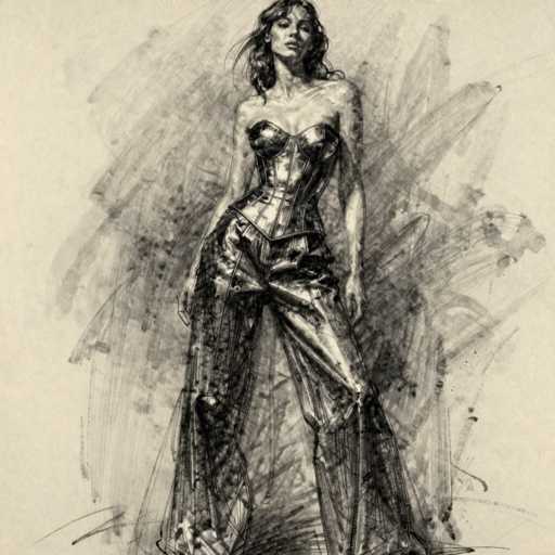 This image is a detailed black and white pencil sketch of a woman, possibly resembling Marilyn Monroe, set against a light beige background. The woman is depicted with long, wavy hair that cascades down to her shoulders, and she has a serious expression on her face. She is wearing a form-fitting, shiny outfit that appears to be a combination of a corset and pants, with the top part being sleeveless and the bottom resembling bell-bottoms. The outfit is accentuated with a belt around her waist, and the fabric appears to be metallic, adding a reflective quality to the sketch. The background is filled with various pencil strokes and smudges, creating a textured, almost chaotic backdrop that contrasts with the woman's poised figure. The overall composition is square, and the woman is positioned centrally, looking directly at the viewer.